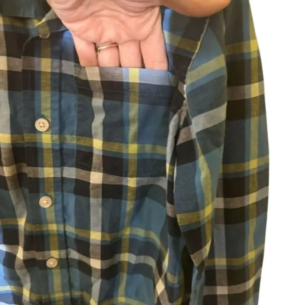 Cat & Jack Boys Blue Green Plaid Button Down S 6/7 FLAW